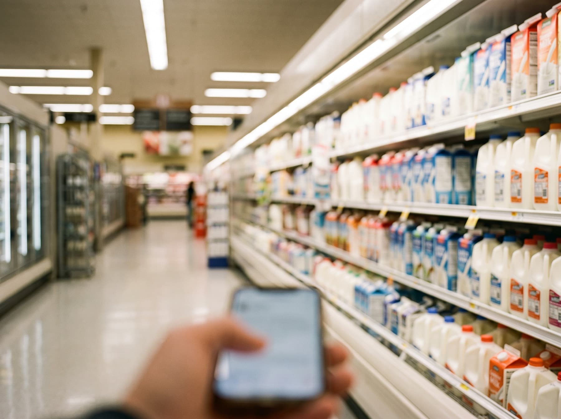 Looking down a supermarket dairy aisle with a phone held out of focus in the foreground, shelves of milk on the right