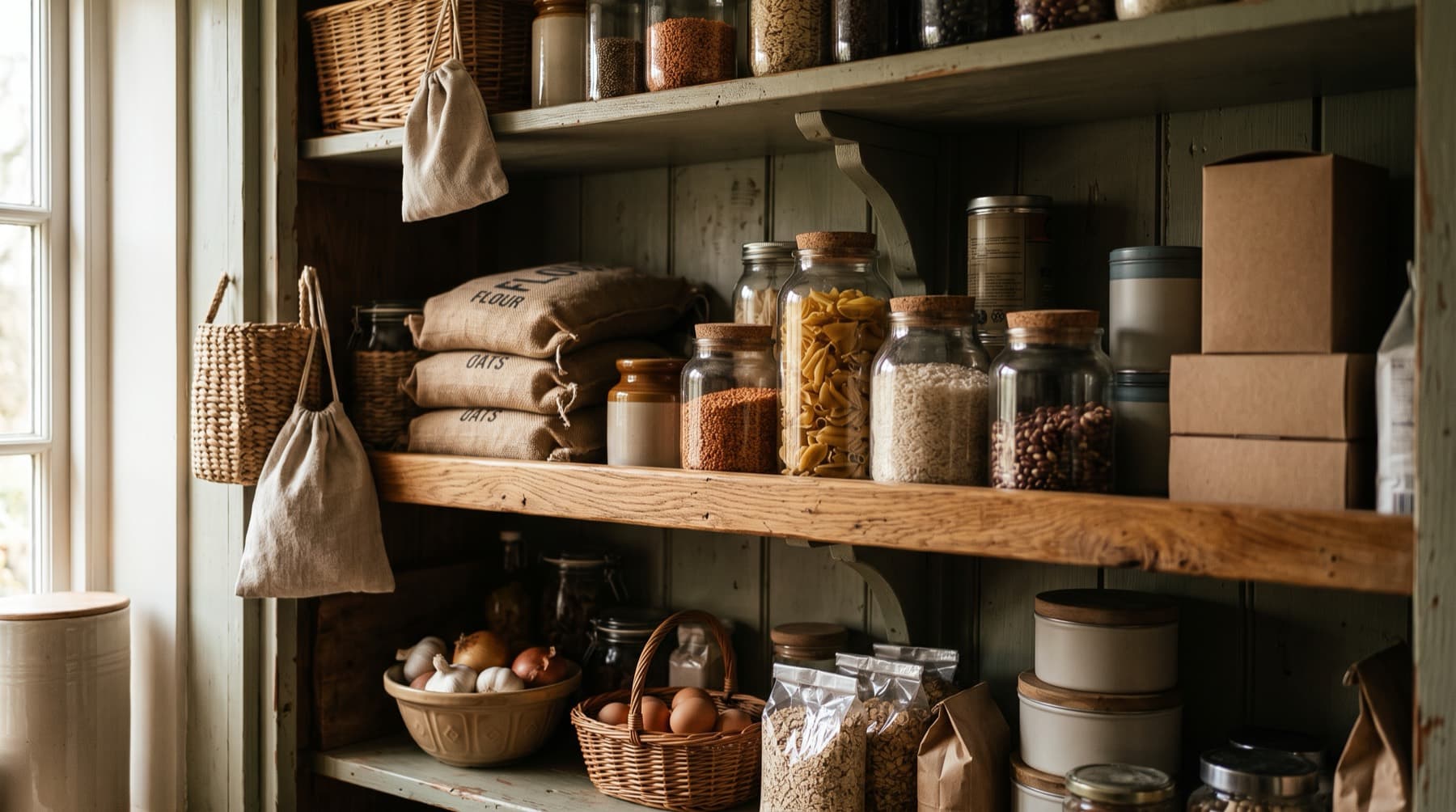 An open pantry cupboard, dry goods in glass jars and sacks on warm oak shelves, light falling from the left